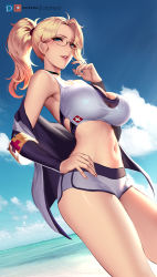 Rule 34 | 1girl, beach, bikini, black choker, blonde hair, blue eyes, blue sky, breasts, choker, cian yo, cross, day, glasses, hand on own hip, large breasts, long hair, looking at viewer, mercy (overwatch), midriff, navel, ocean, off shoulder, overwatch, overwatch 1, patreon username, ponytail, red cross, short shorts, shorts, sky, solo, stomach, swimsuit, swiss flag, tankini