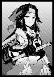 Rule 34 | 1girl, buttons, commentary request, commission, cowboy shot, detached sleeves, double-breasted, elbow gloves, forehead protector, fujinoki (horonabe-ken), gloves, gradient background, greyscale, hair intakes, half updo, headband, highres, holding, jintsuu (kancolle), kantai collection, long hair, looking at viewer, machinery, monochrome, neckerchief, sailor collar, school uniform, serafuku, solo, torpedo