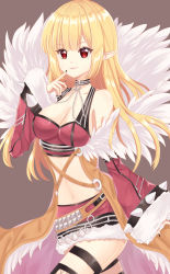 Rule 34 | 1girl, belt, belt buckle, black nails, blonde hair, blush, breasts, brown belt, buckle, choker, cleavage, closed mouth, commentary request, detached sleeves, feather trim, fishnet thighhighs, fishnets, fur-trimmed skirt, fur-trimmed sleeves, fur trim, grey background, highres, light (luxiao deng), light smile, long hair, long sleeves, looking at viewer, medium breasts, mole, mole under eye, nail polish, navel, pointy ears, ragnarok online, red eyes, red skirt, red sleeves, shadow chaser (ragnarok online), simple background, skirt, sleeves past wrists, solo, striped, striped choker, studded belt, thighhighs, very long hair
