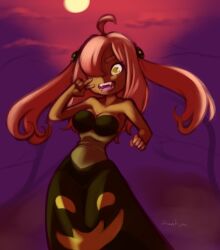 Rule 34 | 1girl, breasts, brown dress, cleavage, cloud, collarbone, creatures (company), dark skin, drantyno, dress, fangs, game freak, gen 6 pokemon, gourgeist, hair ornament, hair over one eye, halloween, highres, jack-o&#039;-lantern, large breasts, long hair, looking at viewer, moon, nintendo, open mouth, personification, pink hair, pokemon, purple sky, sky, smile, standing, strapless, strapless dress, teeth, tree, twintails, v, yellow eyes