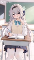 Rule 34 | 1girl, alternate costume, black hairband, black skirt, blue bow, blue bowtie, blurry, blurry background, bow, bowtie, collar, collared shirt, desk, firefly (honkai: star rail), grey hair, hair between eyes, hair bow, hairband, hand up, highres, holding, holding pencil, honkai: star rail, honkai (series), icwine, index finger raised, long hair, long sleeves, looking at viewer, multicolored eyes, notebook, on chair, parted lips, pencil, pointing, pointing at self, school desk, school uniform, shirt, sidelocks, skirt, thighhighs, white collar, white shirt, white thighhighs, zettai ryouiki