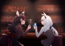 Rule 34 | 2girls, absurdres, ahoge, animal ear fluff, animal ears, bar (place), black bow, black dress, black hair, blurry, blurry background, bow, braid, cocktail, commentary request, cup, dress, drinking glass, earrings, fox ears, fox girl, green eyes, hair between eyes, hair bow, highres, holding, holding cup, hololive, jewelry, ku zam, long hair, looking at another, multiple girls, ookami mio, open mouth, red hair, shirakami fubuki, shirt, sidelocks, single braid, sitting, toasting (gesture), virtual youtuber, white hair, white shirt, wine glass, wolf ears, wolf girl, yellow eyes