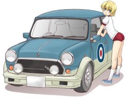 Rule 34 | 10s, 1girl, ass, blonde hair, blue eyes, braid, buruma, car, closed mouth, commentary request, darjeeling (girls und panzer), from side, girls und panzer, gym shirt, gym uniform, leaning forward, looking at viewer, mini cooper, motor vehicle, red buruma, roundel, shadow, shirt, short hair, short sleeves, simple background, smile, solo, standing, t-shirt, thighs, twin braids, uona telepin, vehicle focus, white background, white shirt