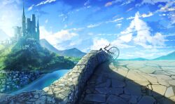 Rule 34 | bicycle, blue sky, building, castle, cloud, cloudy sky, commentary request, day, grass, mountain, no humans, original, outdoors, river, scenery, shadow, sky, stone wall, town, wayuzz99