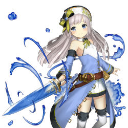 Rule 34 | 1girl, blue eyes, ccaw, detached sleeves, earrings, highres, holding, holding sword, holding weapon, jewelry, long hair, silver hair, simple background, smile, solo, sword, tenkuu no craft fleet, water, weapon, white background