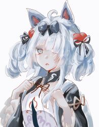 Rule 34 | 1girl, animal ears, black ribbon, black shirt, chinese clothes, grey eyes, hair intakes, hair ornament, hair ribbon, highres, long hair, long sleeves, misoso 25, no.21: feral scent (punishing: gray raven), no.21 (punishing: gray raven), official alternate costume, official alternate hair length, official alternate hairstyle, open mouth, pom pom (clothes), pom pom hair ornament, punishing: gray raven, ribbon, shirt, sidelocks, solo, twintails, two-tone shirt, white shirt, wolf ears