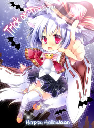 Rule 34 | 1girl, :3, alternate costume, animal ears, bat (animal), bow, capelet, cat ears, cat girl, cat tail, detached sleeves, female focus, halloween, happy halloween, hat, hat ribbon, hikanyan, inubashiri momiji, long sleeves, looking at viewer, open mouth, pink eyes, pumpkin, ribbon, shirt, short hair, silver hair, skirt, smile, solo, tail, thighhighs, touhou, trick or treat, white thighhighs, wide sleeves, witch hat, wolf ears, wolf tail, zettai ryouiki