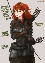 Rule 34 | 1girl, armor, arrow (projectile), belt, belt pouch, black belt, blush, bow (weapon), braid, breast rest, breasts, brown gloves, buckle, chainmail, commentary, cowboy shot, crossed arms, english commentary, english text, fur (clothing), gloves, green eyes, grey background, hair between eyes, highres, large breasts, long bangs, long hair, looking at viewer, medieval, mount &amp; blade, multiple braids, open mouth, orange hair, patreon logo, patreon username, pouch, quiver, simple background, solo, sweatdrop, teeth, tsundere, upper teeth only, velminth, weapon