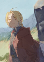Rule 34 | 2boys, absurdres, ahoge, alphonse elric, armor, blonde hair, blue sky, braid, braided ponytail, brothers, closed mouth, coat, day, edward elric, fishdry, full armor, fullmetal alchemist, grass, hair intakes, helmet, highres, long hair, looking at another, male focus, multiple boys, out of frame, outdoors, parted bangs, red coat, shade, shirt, siblings, signature, single braid, sky, smile, solo focus, upper body, yellow eyes