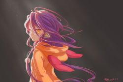Rule 34 | 1girl, :&lt;, android, animal hoodie, from side, fuzzy balls, grey background, hair between eyes, hood, hoodie, long hair, looking at viewer, no game no life, no game no life zero, purple hair, robot ears, shuvi (no game no life), very long hair, yellow eyes