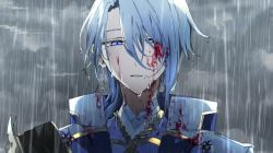 Rule 34 | 1boy, blood, blood on clothes, blood on face, blue eyes, blue hair, cloud, cloudy sky, coat, commentary, empty eyes, fuchi gn, genshin impact, grey sky, hair over one eye, highres, japanese clothes, kamisato ayato, looking down, male focus, mole, mole under mouth, outdoors, rain, short hair, sky, solo, upper body, water drop