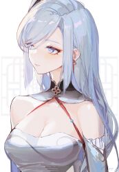 Rule 34 | 1girl, absurdres, alternate costume, artist name, bare shoulders, blue hair, breasts, cleavage, closed mouth, earrings, expressionless, genshin impact, highres, jewelry, light blue hair, long hair, looking to the side, medium breasts, purple eyes, shenhe (genshin impact), solo, swept bangs, upper body, very long hair, yutou (yutou75)