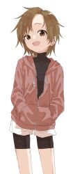 Rule 34 | 1girl, :d, absurdres, bike shorts, brown eyes, brown hair, copyright request, flat chest, hands in pockets, highres, jacket, looking at viewer, open mouth, red jacket, shorts, simple background, smile, solo, standing, white background, white shorts, yamamoto souichirou