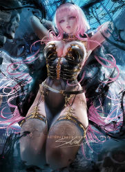 Rule 34 | 1girl, armpits, arms up, banned artist, black dress, black thighhighs, breast press, breasts, cape, cleavage, collar, crown, dress, garter straps, hololive, hololive english, kneeling, large breasts, legs together, lips, long hair, looking at viewer, mori calliope, pink eyes, pink hair, pink lips, sakimichan, see-through, skindentation, skull, sleeveless, smoke, solo, thick thighs, thighhighs, thighs, virtual youtuber