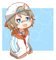 Rule 34 | 1girl, backwards hat, bandaid, bandaid on face, bandaid on nose, blue eyes, curly hair, furrowed brow, g teall, grey hair, hands in pockets, hat, highres, jacket, letterman jacket, love live!, love live! sunshine!!, school uniform, short hair, solo, swept bangs, tongue, tongue out, uranohoshi school uniform, watanabe you, white hat, white jacket