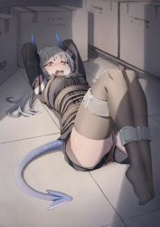 Rule 34 | 1girl, arknights, arms behind head, arms up, bdsm, black jacket, black skirt, black thighhighs, blue horns, blush, bondage, bound, box, breasts, breath, cardboard box, crotch rope, cuffs, demon girl, demon tail, embarrassed, female focus, full body, gradient horns, grey hair, have to pee, highres, horns, indoors, jacket, legs together, liskarm (arknights), long hair, long sleeves, looking at viewer, lying, miniskirt, multicolored horns, nose blush, on back, on floor, open mouth, orange eyes, panties, pleated skirt, rope, rune (dualhart), shackles, sidelocks, skindentation, skirt, small breasts, solo, sweat, tail, tears, thighhighs, thighs, tile floor, tiles, underwear, white panties
