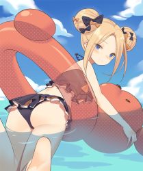 Rule 34 | 1girl, abigail williams (emerald float) (fate), abigail williams (fate), ass, bikini, blonde hair, blue eyes, blue sky, bow, commentary request, day, double bun, emerald float, fate/grand order, fate (series), hair bow, hair bun, innertube, kildir, long hair, looking at viewer, looking back, ocean, official alternate costume, sidelocks, sky, smile, solo, swim ring, swimsuit, unmoving pattern, water