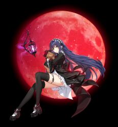 Rule 34 | 1girl, black background, black dress, black footwear, black thighhighs, closed mouth, closers, dress, eunha (closers), frilled dress, frills, green eyes, headdress, highres, hugging doll, hugging object, long hair, long sleeves, looking at viewer, moon, non-web source, official art, purple hair, red moon, shoes, smile, solo, stuffed animal, stuffed toy, teddy bear, thighhighs, thighs, very long hair, wide sleeves