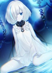 Rule 34 | 1girl, absurdres, afloat, azur lane, bare legs, barefoot, blue eyes, blurry, cable, colored skin, commentary request, depth of field, dress, hair over one eye, highres, huge filesize, jewelry, looking at viewer, necklace, noko, short hair, sidelocks, sitting, solo, tb (azur lane), thighs, wariza, water, white dress, white hair, white skin