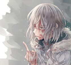 Rule 34 | 1boy, accelerator (toaru majutsu no index), albino, annoyed, black choker, blood, blood on clothes, blood on face, blood on hands, choker, electrodes, from side, frown, fur-trimmed jacket, fur trim, grey background, hand up, hood, hood down, jacket, medium hair, middle finger, official alternate costume, open mouth, portrait, red eyes, reimei (1988), sanpaku, solo, sweat, toaru majutsu no index, white hair, white jacket, winter clothes