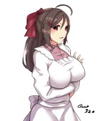 Rule 34 | 10s, 1girl, ahoge, apron, bow, breast hold, breasts, brown hair, hair bow, hair ornament, hairclip, hayabusa (vert 320), highres, kantai collection, large breasts, looking at viewer, mamiya (kancolle), pink eyes, ponytail, red bow, signature, simple background, smile, solo, white background