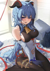 Rule 34 | 1girl, a fangfang fang fang, absurdres, ahoge, bare shoulders, bell, black cat, blue gloves, blue hair, blurry, bodystocking, bokeh, breasts, cat, commentary request, cowbell, depth of field, detached sleeves, full body, ganyu (genshin impact), genshin impact, gloves, goat horns, hand up, highres, horns, long hair, looking at viewer, medium breasts, neck bell, no shoes, open mouth, pillow, purple eyes, seiza, sideboob, sitting, solo, very long hair, white sleeves