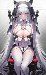 Rule 34 | 1girl, absurdres, animal ears, bare shoulders, black dress, blush, breasts, cat ears, cleavage, clothes pull, dress, dress pull, grey hair, gu luco, highres, large breasts, long hair, looking at viewer, navel, red eyes, sitting, solo, thighhighs, thighs, twintails, two-tone dress, very long hair, white dress, white thighhighs