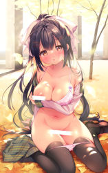 Rule 34 | 1girl, arm under breasts, bar censor, bare shoulders, black hair, black thighhighs, blush, bow, bra, breast lift, breasts, brown eyes, brown footwear, censored, collarbone, commentary request, ginkgo leaf, green skirt, groin, hair bow, hair ornament, hairclip, head tilt, large breasts, leaf, loafers, long hair, looking at viewer, navel, off shoulder, one breast out, open clothes, open shirt, original, panties, panty pull, parted lips, pink bra, pink panties, piyodera mucha, plaid, plaid skirt, pleated skirt, shirt, shoes, sitting, skirt, skirt around one leg, sleeves past wrists, solo, thighhighs, tree, underwear, very long hair, wariza, white bow, white shirt, x hair ornament
