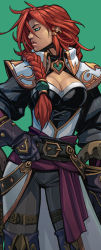 Rule 34 | 1girl, braid, braided ponytail, breasts, captain fortune, cleavage, cowboy shot, green background, green eyes, league of legends, miss fortune (league of legends), official art, pirate costume, promotional art, red hair, ruined king: a league of legends story, ruined king:a league of legends story, simple background