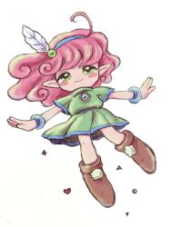 Rule 34 | 1girl, boots, bracelet, closed mouth, curly hair, full body, green eyes, green shirt, green skirt, hair ornament, hairband, hisashicomv789, jewelry, looking at viewer, medium hair, panel de pon, pink hair, shirt, simple background, skirt, smile, solo, white background, windy (panel de pon)
