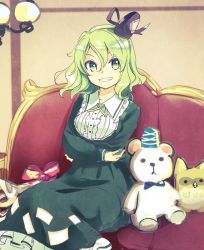 Rule 34 | 1girl, bird, breasts, buttons, collar, commentary request, couch, crossed arms, dress, frilled collar, frills, green dress, green eyes, green hair, grin, hat, lamp, long sleeves, looking at viewer, makuwauri, medium breasts, medium hair, owl, sitting, smile, soga no tojiko, solo, stuffed animal, stuffed toy, tate eboshi, teddy bear, touhou, wall