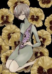 Rule 34 | 1girl, barefoot, black background, brown hair, check commentary, commentary request, dress, flower, halnaga oyogu, hand on own hip, horror (theme), long neck, looking at viewer, original, pansy, short hair, sitting, solo, sweater, sweater dress, zipper
