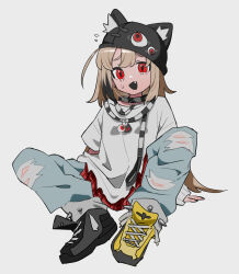 Rule 34 | 1girl, absurdres, animal ear headwear, arm support, asymmetrical footwear, asymmetrical sleeves, black footwear, black headwear, blonde hair, collar, cowlick, denim, double-parted bangs, fake animal ears, fang, full body, furrowed brow, highres, hyow, invisible chair, jeans, knee up, leash, long hair, looking ahead, open mouth, original, pants, reclining, red eyes, shirt, shoes, simple background, sitting, sneakers, solo, spread legs, sweatdrop, torn clothes, torn jeans, torn pants, uneven eyes, uneven sleeves, very long hair, white background, white shirt, wince, yellow footwear