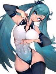 Rule 34 | 1girl, 39, abs, alternate breast size, aqua eyes, aqua hair, armpits, arms up, black sleeves, black thighhighs, blush, breasts, covered erect nipples, covered navel, curvy, detached sleeves, fumio (rsqkr), hair ornament, hatsune miku, head tilt, highres, large breasts, leotard, long hair, looking at viewer, miku day, panties, pleated skirt, revision, see-through, see-through leotard, simple background, skirt, smile, solo, thick thighs, thighhighs, thighs, twintails, underwear, very long hair, vocaloid
