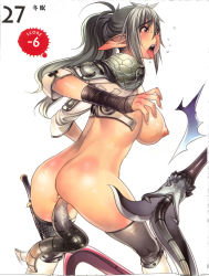 Rule 34 | 00s, 1girl, anal, ass, blush, breasts, echidna (queen&#039;s blade), elf, female focus, highres, long hair, nipples, open clothes, open shirt, pointy ears, pussy, queen&#039;s blade, shirt, snake, solo, sword, thighhighs, weapon, white background