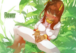 Rule 34 | 1girl, antennae, blush, breasts, brown hair, dark skin, dark-skinned female, english text, covered erect nipples, fangs, female focus, flower, leaf, long hair, looking away, looking up, maruku, monster girl, nectar, nipples, open mouth, orange eyes, original, personification, petals, plant girl, pussy, pussy juice, sitting, solo, spread legs, spread pussy, stamen, tan, text focus, uncensored, yellow eyes