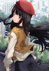 Rule 34 | 1girl, absurdres, black hair, black skirt, blush, breasts, closed mouth, hat, highres, inoue takina, izumi mahiru, long hair, lycoris recoil, outdoors, purple eyes, red hat, shiny skin, shirt, skirt, sky, small breasts, smile, solo, sweater, white shirt