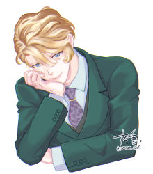 Rule 34 | 1boy, bad id, bad pixiv id, blonde hair, blue eyes, coconoe o0o0, floral print, formal, green suit, grey necktie, hair between eyes, head rest, hosekisho richard-shi no nazo kantei, leaning forward, long sleeves, looking at viewer, male focus, necktie, richard ranashinha de vulpian, shirt, short hair, simple background, smile, solo, suit, twitter username, upper body, white background, white shirt
