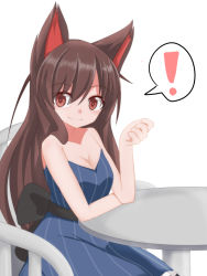 Rule 34 | !, 1girl, alternate costume, animal ears, ao (aoblueao), breasts, brown hair, cleavage, collarbone, contemporary, dress, imaizumi kagerou, large breasts, long hair, red eyes, sitting, solo, speech bubble, table, touhou, wolf ears