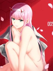 Rule 34 | 10s, 1girl, aqua eyes, blunt bangs, breasts, character name, cleavage, closed mouth, unworn clothes, coat, unworn coat, collarbone, convenient arm, convenient censoring, darling in the franxx, hairband, hexagon, highres, horns, knee up, long hair, looking at viewer, medium breasts, nude, petals, pink hair, red background, sidelocks, sitting, smile, solo, straight hair, tucana, very long hair, white coat, white hairband, zero two (darling in the franxx)