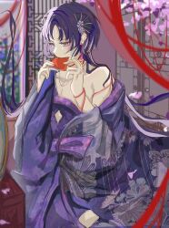 Rule 34 | 1boy, alternate costume, architecture, east asian architecture, genshin impact, girly boy, highres, japanese clothes, kimono, long hair, male focus, mouth hold, parted bangs, purple eyes, purple hair, scaramouche (genshin impact), solo, string, string of fate