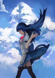 Rule 34 | 1girl, absurdres, black thighhighs, blue hair, blue sky, breasts, cloud, day, dress, hand up, highres, hinanawi tenshi, jiliang ji ying, layered dress, light smile, long hair, looking down, neck ribbon, no headwear, no headwear, open hand, outdoors, profile, puffy short sleeves, puffy sleeves, red eyes, ribbon, short sleeves, sky, small breasts, solo, thighhighs, touhou, very long hair, wind, wind lift