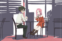 Rule 34 | 1boy, 1girl, anemone (eureka seven), bare shoulders, black hair, black pants, boots, brown footwear, cellphone, chair, closed mouth, coffee cup, commentary request, cross-laced footwear, cup, disposable cup, dominic sorel, drinking, drinking straw, eureka seven, eureka seven (series), forehead, grey eyes, hair ornament, hairclip, head tilt, holding, holding cup, holding phone, knee boots, lace-up boots, long hair, looking at viewer, maze (gochama ze gohan), off-shoulder, off-shoulder sweater, off shoulder, on chair, pants, parted bangs, phone, pink hair, profile, purple hair, red sweater, signature, sitting, smile, sweater, table, very long hair, white sweater