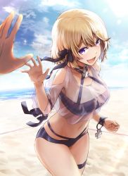 Rule 34 | 1boy, 1girl, azur lane, bikini, blonde hair, blue eyes, blush, breasts, commentary request, cross, hair ornament, iron cross, lefthand, looking at viewer, medium breasts, open mouth, see-through, short hair, smile, solo, swimsuit, z23 (azur lane), z23 (breezy doubles) (azur lane)