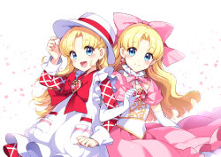 Rule 34 | 2girls, ashita no nadja, blonde hair, blue eyes, blush, bow, brooch, commentary request, dress, elbow gloves, gloves, hat, heart, heart brooch, jewelry, locked arms, long hair, looking at viewer, multiple girls, nadja applefield, nardack, official alternate costume, open mouth, porkpie hat, rosemary applefield, siblings, sisters, smile, white background, white gloves, white hat