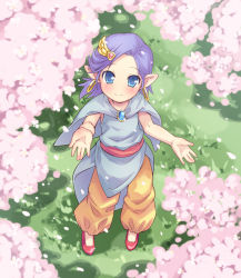 Rule 34 | 1girl, bad id, bad pixiv id, bella (dq5), blue eyes, blush, cape, cherry blossoms, dragon quest, dragon quest v, earrings, hair ornament, jewelry, mizuno mumomo, outstretched arms, pants, pendant, petals, pointy ears, purple hair, short hair, smile, solo