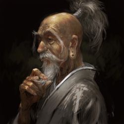 Rule 34 | 1boy, beard, dark, duexduex, earrings, eyebrows, facial hair, forehead, hand on own chin, hunter x hunter, isaac netero, japanese clothes, jewelry, kimono, male focus, mustache, old, old man, ponytail, profile, realistic, solo, upper body, white hair, wrinkled skin