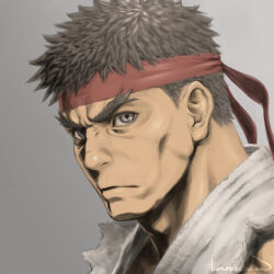 Rule 34 | 1boy, black hair, cheekbones, dougi, forked eyebrows, frown, headband, highres, kuroneco, looking at viewer, male focus, portrait, red headband, ryu (street fighter), short hair, solo, street fighter, thick eyebrows