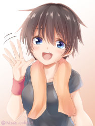 Rule 34 | 1girl, :d, artist name, bad id, bad pixiv id, black hair, black shirt, blue eyes, blush, breasts, brown background, commentary request, gradient background, hair between eyes, hand up, hisae (hisae collect), looking at viewer, medium breasts, open mouth, original, shirt, short hair, short sleeves, smile, solo, towel, towel around neck, twitter username, upper body, white background, wristband