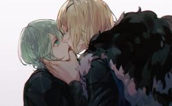 Rule 34 | 2boys, amenohi, blonde hair, byleth (fire emblem), byleth (male) (fire emblem), cape, dimitri alexandre blaiddyd, eyepatch, finger in another&#039;s mouth, fire emblem, fire emblem: three houses, fur-trimmed cape, fur trim, green eyes, green hair, hair between eyes, hand on another&#039;s arm, hand on another&#039;s face, kiss, looking at another, male focus, matching hair/eyes, multiple boys, nintendo, open mouth, profile, short hair, simple background, teeth, tongue, tongue out, upper body, upper teeth only, white background, yaoi